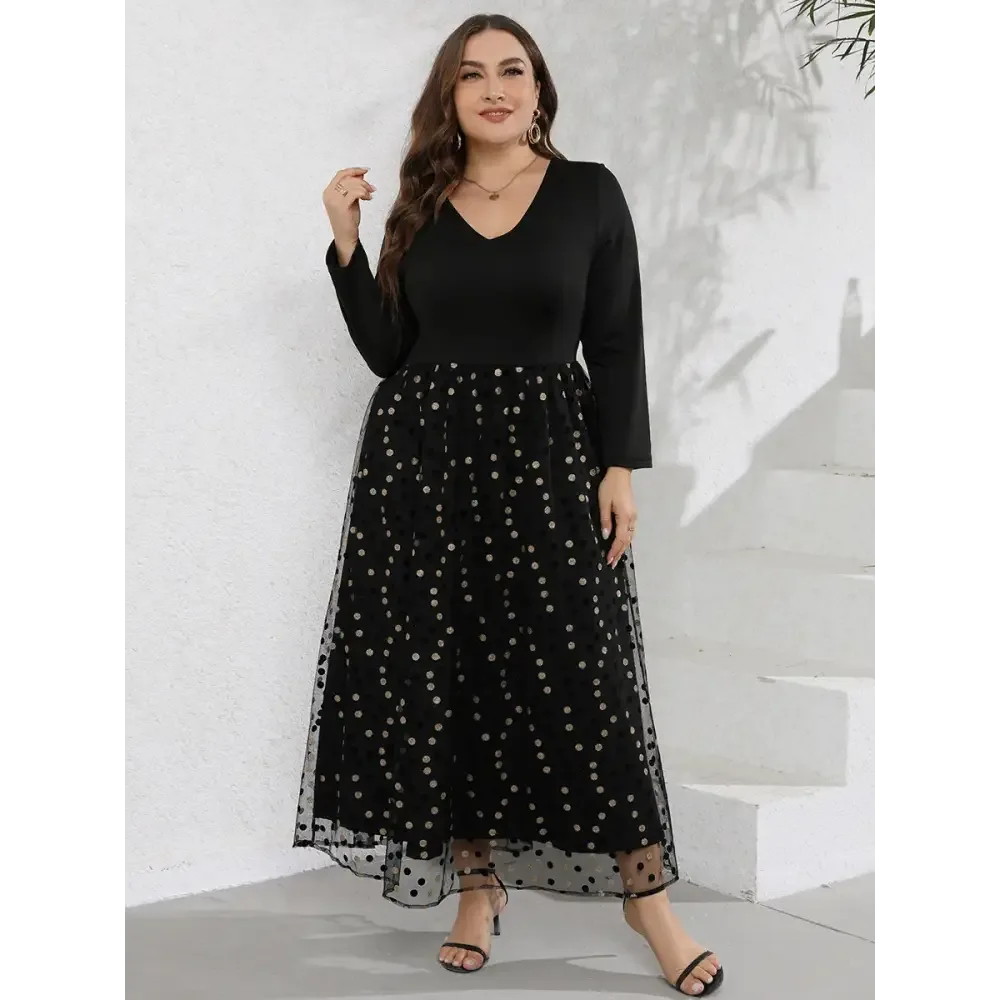 Plus Size Sequin Patchwork Maxi Dress - V-Neck & Long Sleeves - Thick & Beautiful